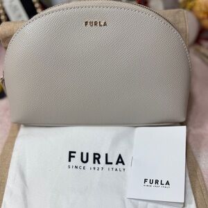 FURLA Classic Large Leather Cosmetic Case Pouch in Taupe Grey Luxury $198 NWOT